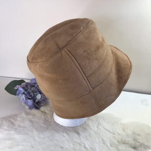 Vintage 70s Shearling Suede Bucket Hat Real Fur Beige Tan Unisex Men Women - Picture 8 of 13